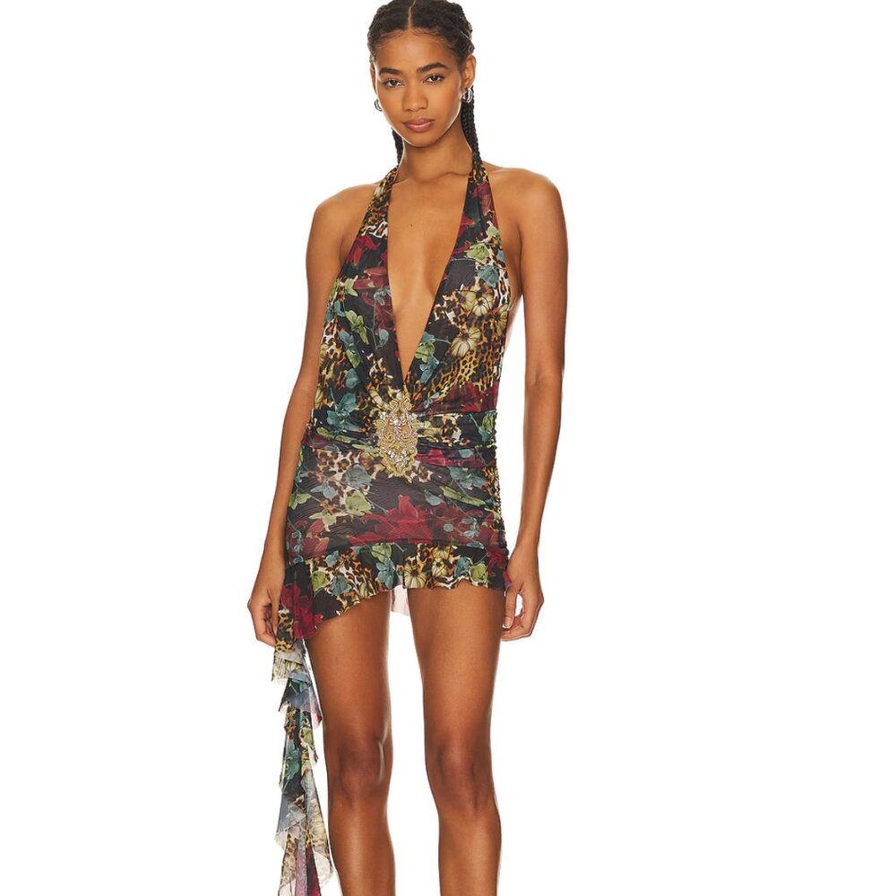 NEW Jaded London Cindy Mini Dress in Dark Cheetah Green Black Sheer 14 / 10